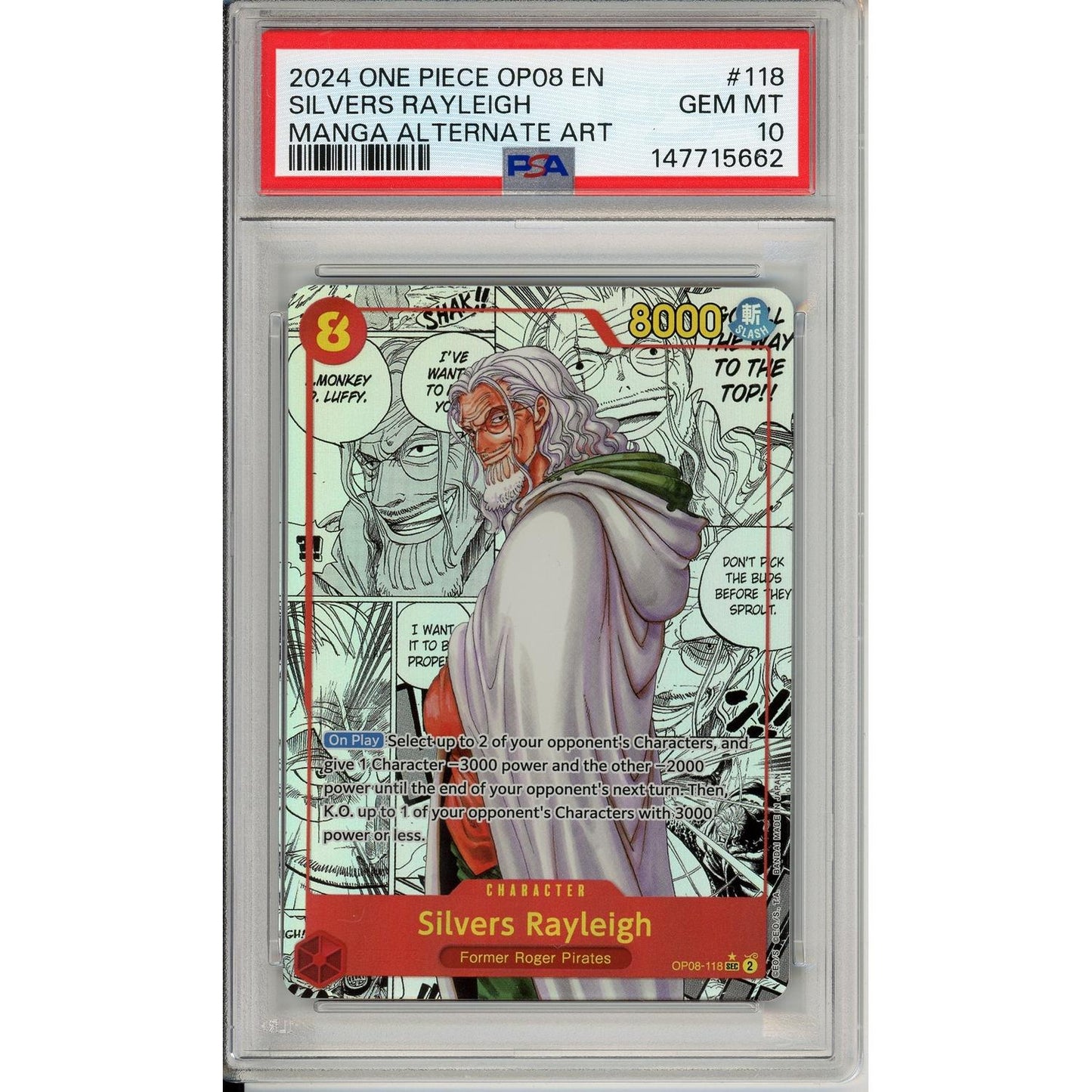 One Piece Graded: Silvers Rayleigh Alt Art Manga OP08-118 Two Legends PSA 10