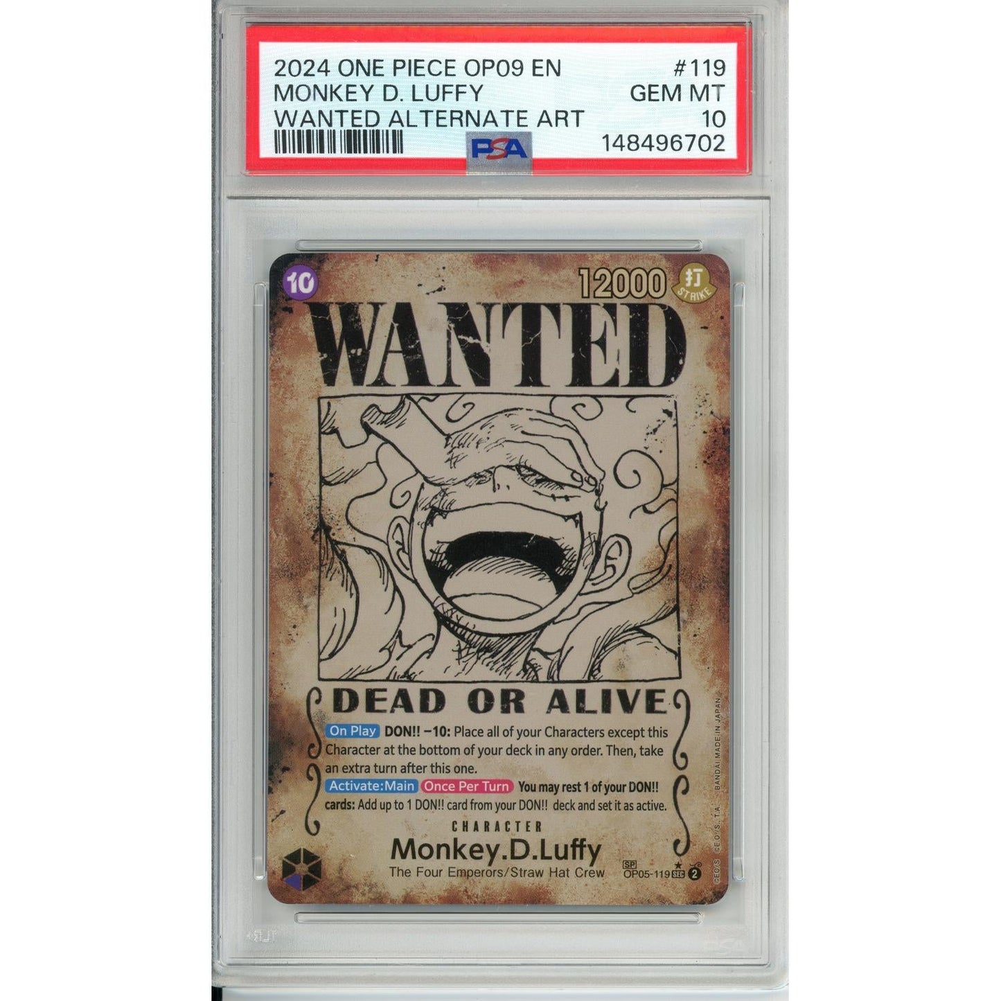 One Piece Graded: Monkey D. Luffy Wanted Poster Alt Art OP05-119 Emperors in the New World PSA 10