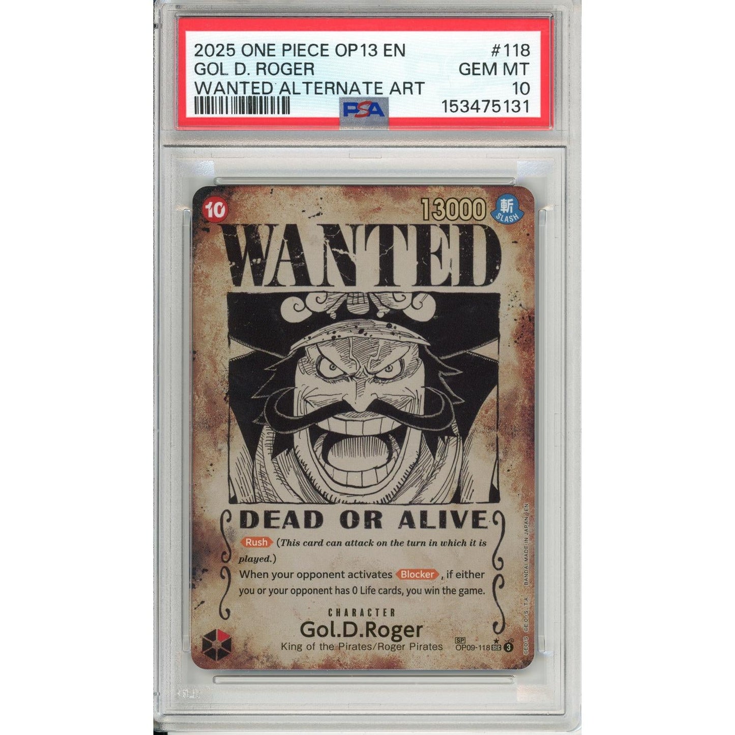 One Piece Graded: Gol D. Roger Wanted Poster OP09-118 Carrying On His Will PSA 10