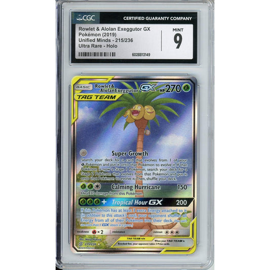 Pokemon Graded: Rowlet & Alolan Exeggutor GX 215/136 Unified Minds (2019) Holo Rare CGC 9