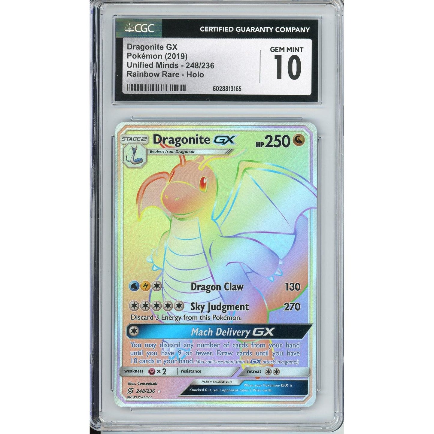 Pokemon Graded: Dragonite GX 248/246 Unified Minds (2019) Rainbow Rare Holo CGC 10