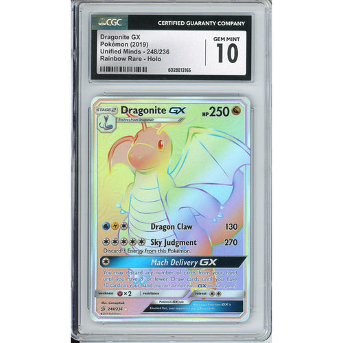 Pokemon Graded: Dragonite GX 248/246 Unified Minds (2019) Rainbow Rare Holo CGC 10