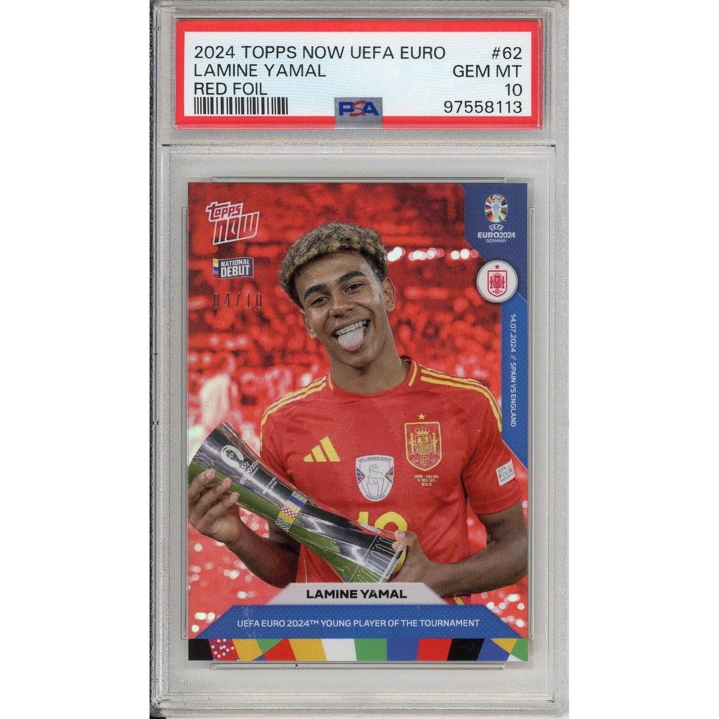 Graded Topps Now: 2024 UEFA Euro Lamine Yamal Young Player #62 Red Foil PSA 10
