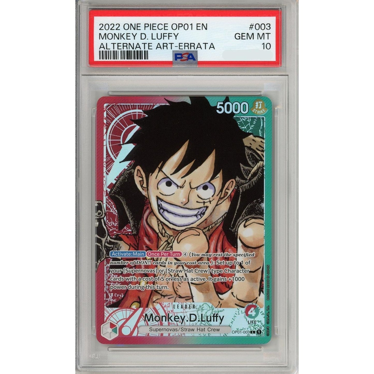 One Piece Graded: Monkey D. Luffy OP01-003 Leader Alternate Art PSA 10