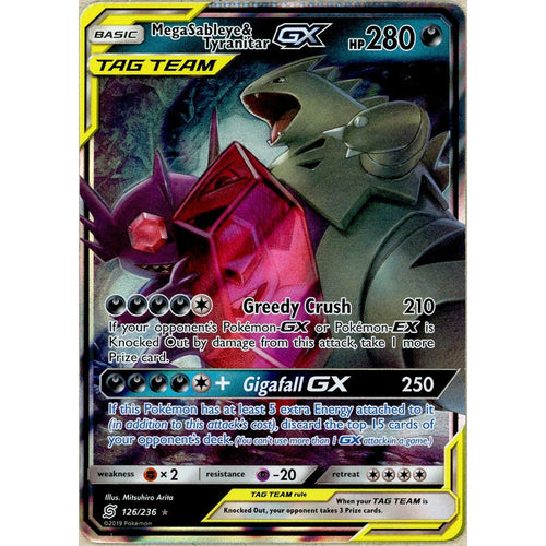 Pokemon Single: *CRIMP ERROR* Mega Sableye & Tyranitar GX 126/236 Unified Minds (2019) Holo NM