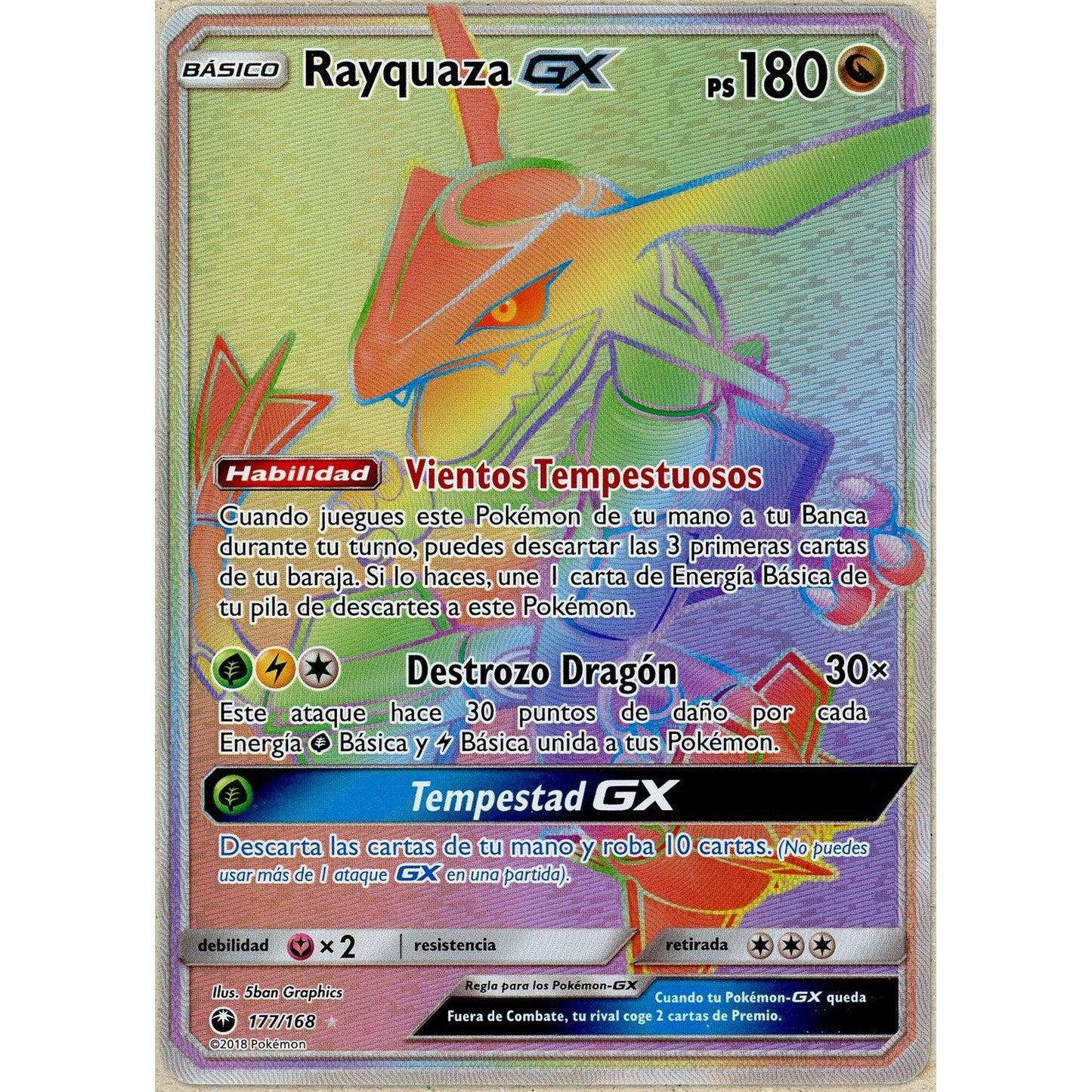 Pokemon Single: Rayquaza GX 177/168 Celestial Storm (2018) Rainbow Holo NM