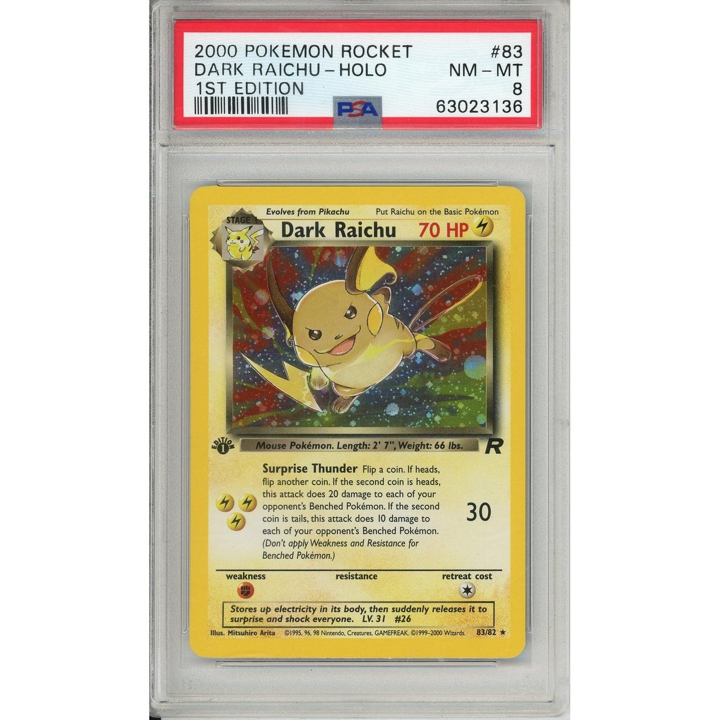 Pokemon Graded: Dark Raichu 1st Edition 83/82 Team Rocket (2000) Holo PSA 8