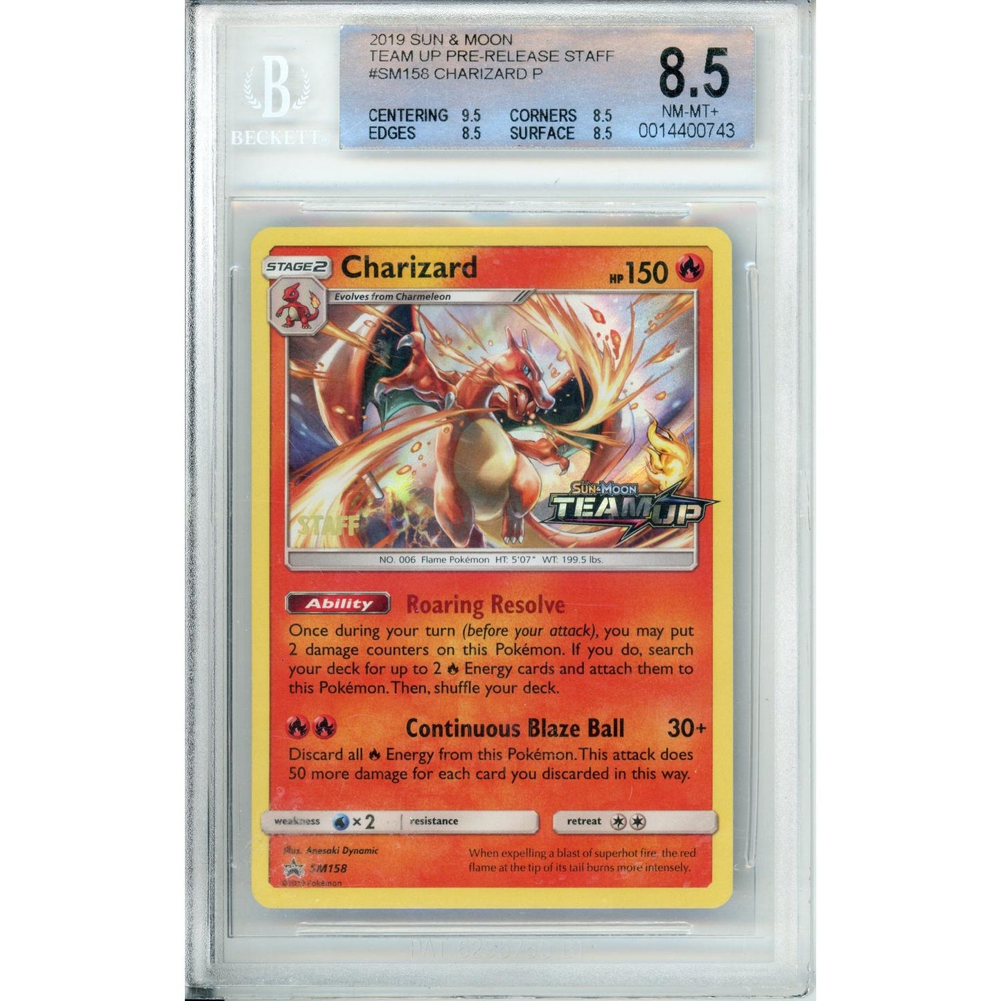 Pokemon Graded: Charizard #SM158 Team Up Prerelease Staff (2019) Beckett 8.5