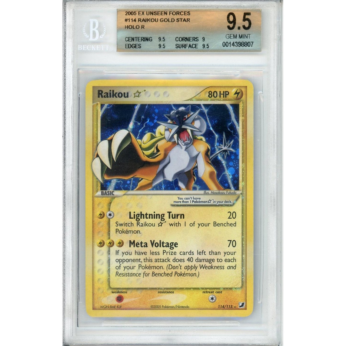 Pokemon Graded: Raikou Gold Star 114/115 Unseen Forces (2006) Holo Beckett 9.5