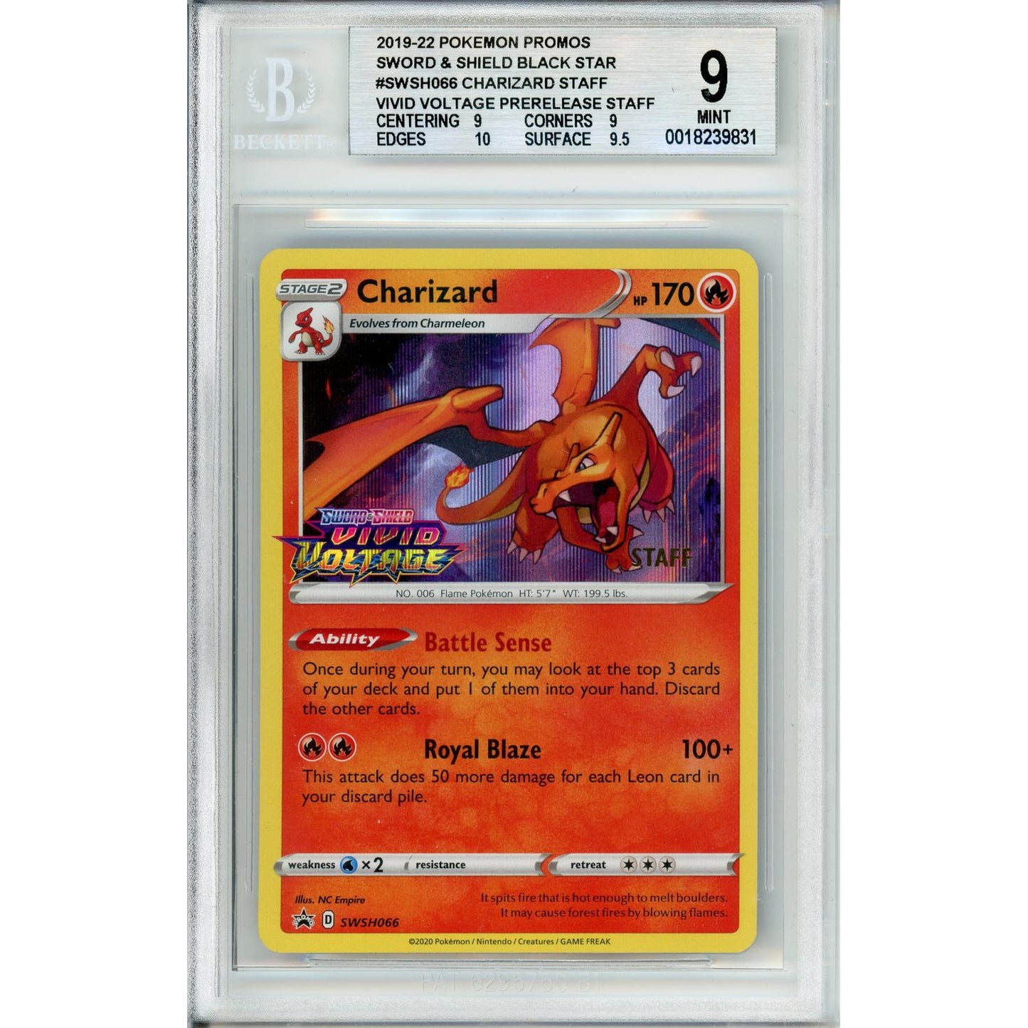 Pokemon Graded: Charizard #SWSH066 Vivid Voltage Prerelease STAFF Beckett 9