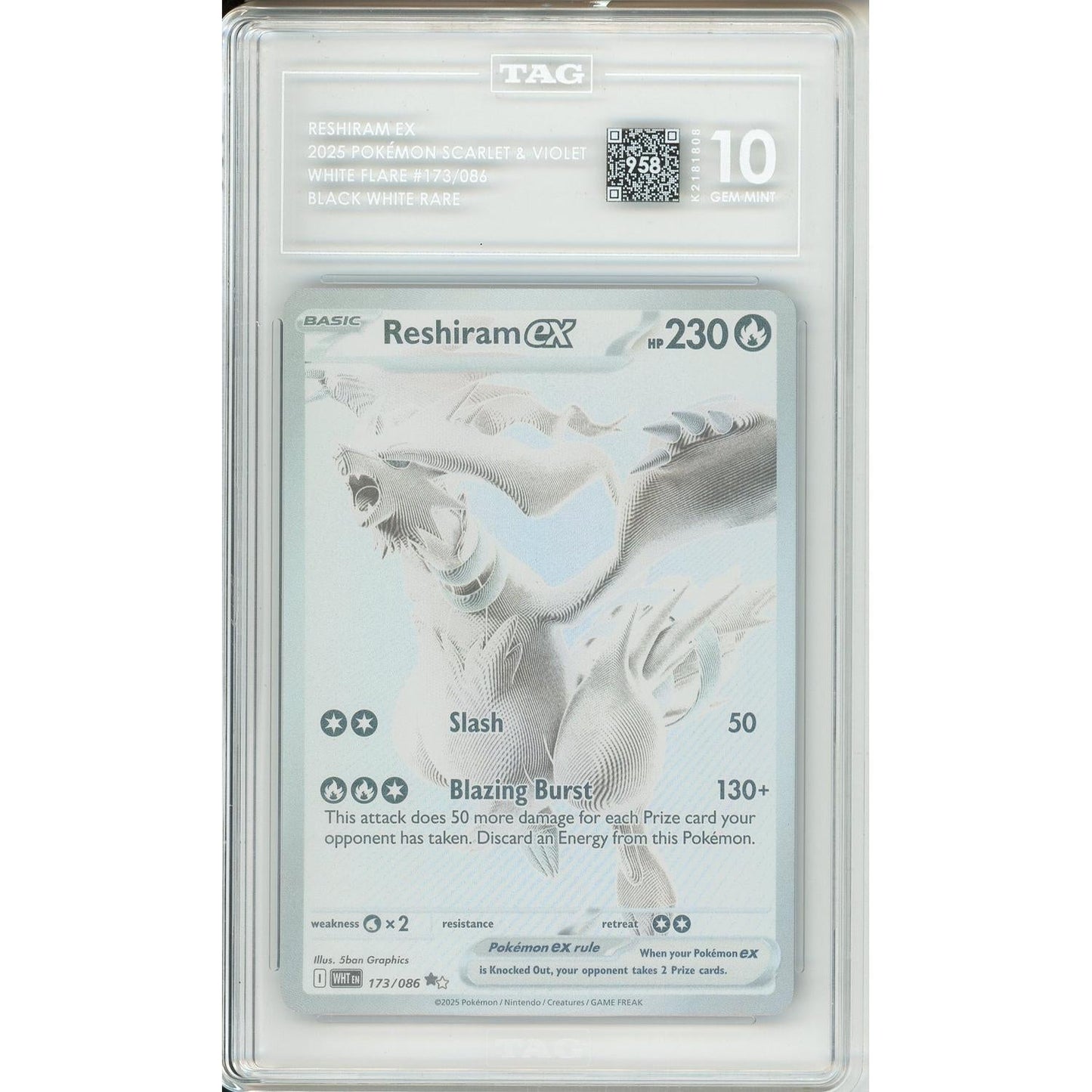 Pokemon Graded: Reshiram ex 173/86 White Flare (2025) White Monochrome Holo TAG 10