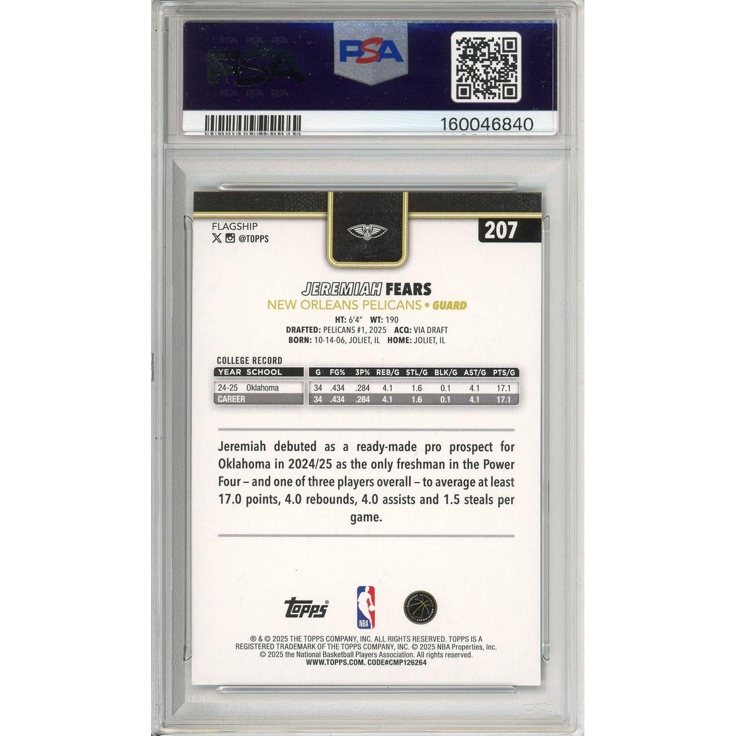 Topps Graded: Jeremiah Fears #207 Blackout (2025) PSA 10
