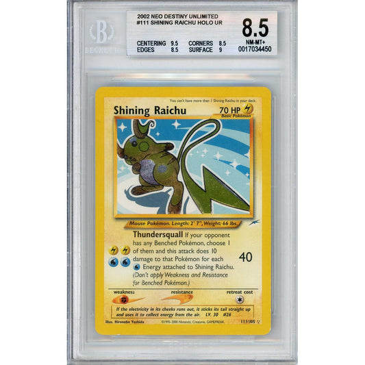 Pokemon Graded: Shining Raichu 111/105 Neo Destiny Unlimited (2002) Holo Beckett 8.5