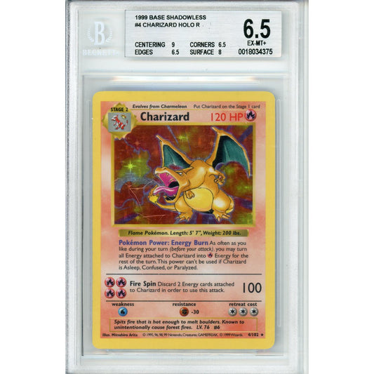 Pokemon Graded: Charizard 4/102 Base Set Shadowless (1999) Holo Beckett 6.5