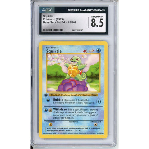 Pokemon Graded: Squirtle 1st Edition Shadowless 63/102 Base Set (1999) CGC 8.5