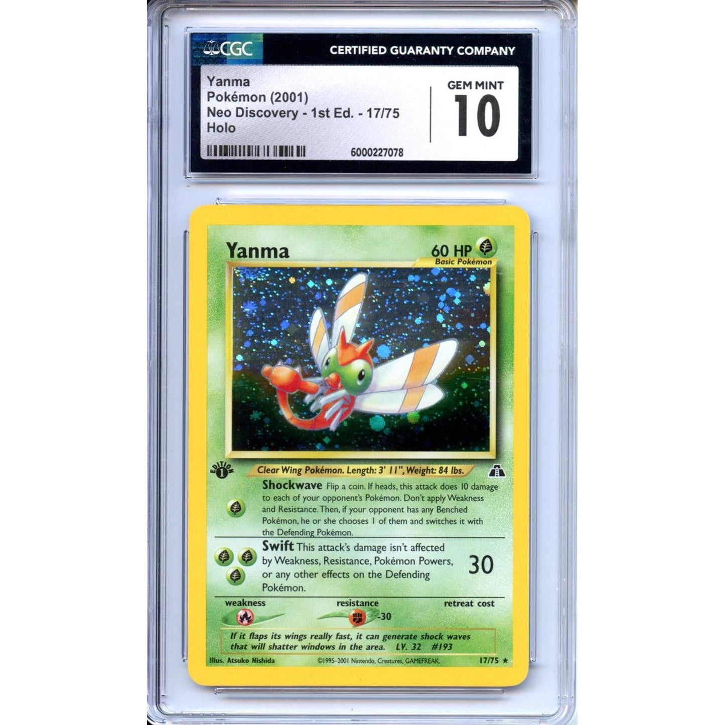Pokemon Graded: Yanma 1st Edition 17/75 Neo Discovery (2001) Holo CGC 10