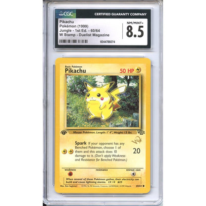 Pokemon Graded: Pikachu 1st Edition 60/64 W Stamp Duelist Magazine Jungle (1999) CGC 8.5